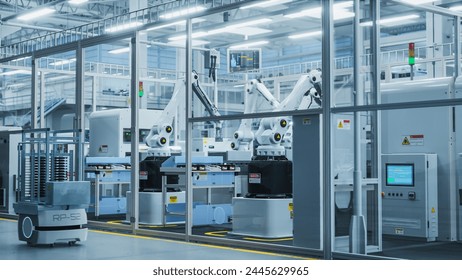 3D Render Of Electronics Components Manufacture: Automated Robotic Arm Assembly Line in Futuristic Facility with Robots Producing Advanced High Tech Sustainable Parts for Information Technology.