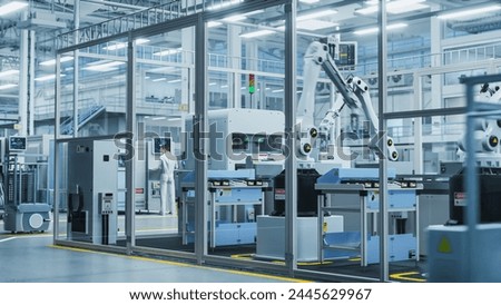 3D Render Of Electronics Components Manufacture: Automated Robotic Arm Assembly Line in Futuristic Facility with Robots Producing Advanced High-Tech Sustainable Parts for Information Technology.