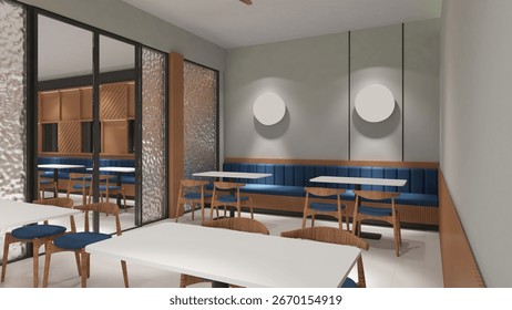 3D Render of Elegant Cafe Interior with Modern Lighting and Wooden Furniture