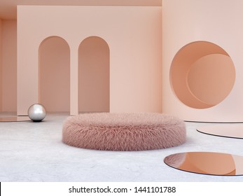 3d render. Elegant, minimal interior with fur podium.  Arch and circle in the background. Fur sofa for cosmetic or fashion product presentation. Shop display. Metallic sphere. Cylinder trendy mirror. 