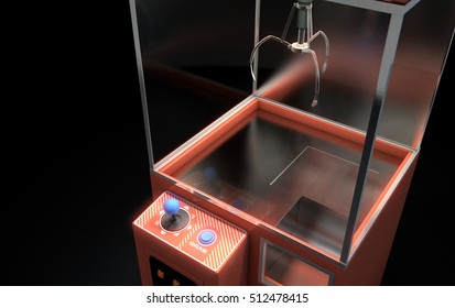 A 3D render of an empty arcade type claw grabber game on an isolated black background