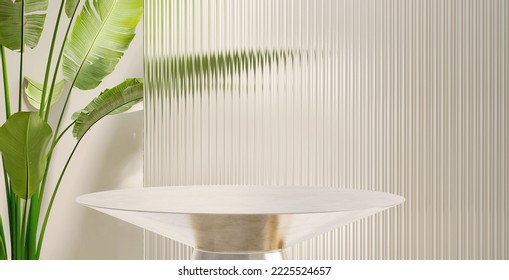 3D render empty blank luxury stylish polished golden podium with clear mirror effect reeded glass shower screen and tropical green banana leafs plant in background. Sunlight, Bath, Beauty, Natural.