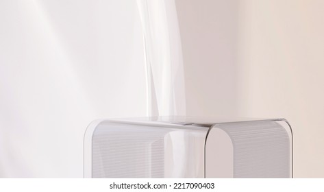 3D Render Empty Clear Acrylic Modern Style Podium With Blowing White Sheer Curtains, Sunlight And Beige Wall In Background For Beauty Products Display Templates. Space, Pastel, Table Top, Grey, Stage.