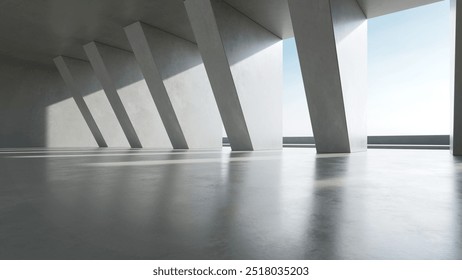 3d render of empty concrete interior space with sun light,  Abstract architecture with cement structure for car presentation