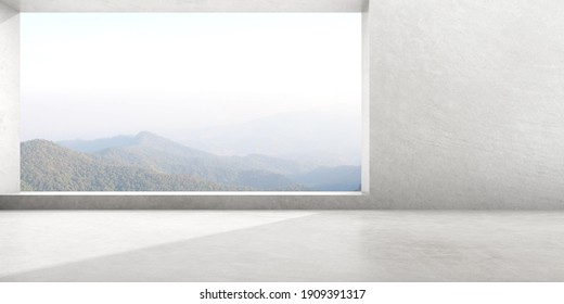 3d Render Of Empty Concrete Room With Large Window On Nature Background.