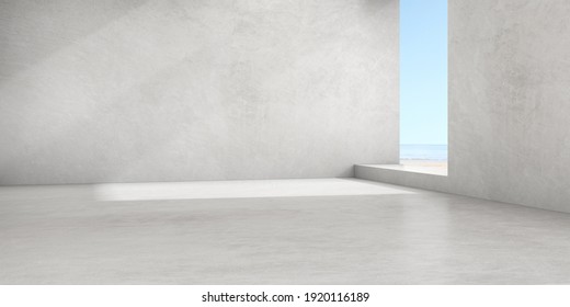 3d render of empty concrete room with large window on the sea background.