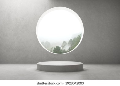 3d render of empty concrete room with large circle window and round podium for product presentation on nature background.