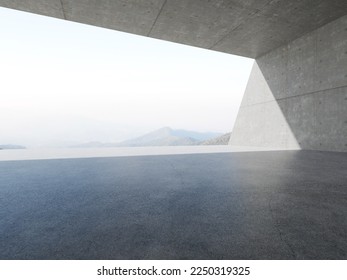 3d render of empty concrete room with large window on mountain background.