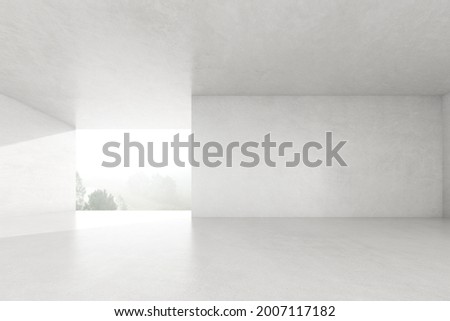 3d render of empty concrete room with large structure on white background.