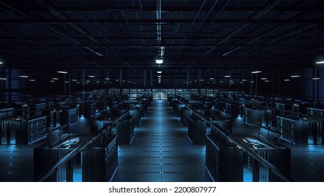 3D Render of Empty Data Center: IT Specialists Left After The Shift. Server Farm Cloud Computing Facility. System Administration Department. Data Protection Engineering Network for Cyber Security.