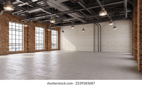 3D render of empty exhibition space. backdrop for exhibitions and events.Interior of empty warehouse