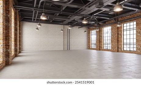3D render of empty exhibition space. backdrop for exhibitions and events.Interior of empty warehouse