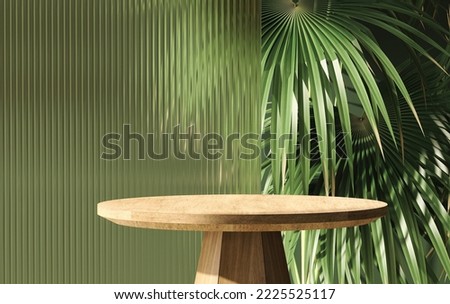 3D render empty fine teak wood table with clear mirror effect reeded glass shower screen and tropical green fan palm plants under sunlight in background for natural products display backdrop. Template