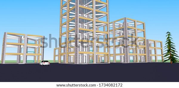 3D render - Empty framework of a tower building
under construction in a developing area, overhanging a car and a
tree and featuring a light prefabricated structure supported by
beams and pillars