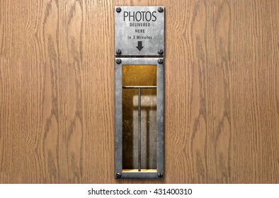 A 3D render of an empty illuminated vintage photo booths retrieval slot on a wood finished surface