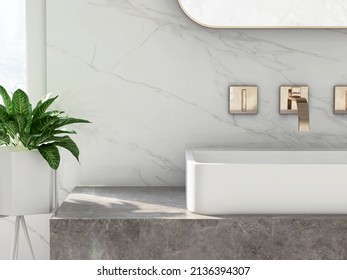 3D Render An Empty Marble Top  Counter With Ceramic Washbasin And Luxury Modern Rose Gold Faucet In A Bathroom With Morning Sunlight And Shadow. Blank Space For Products Display Mockup. Background.