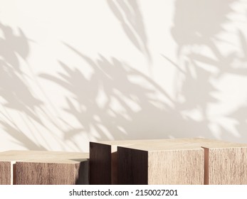 3D Render Empty Natural Wooden Log With Wood Grain Podium For Organic Products Overlay Display Under Sunlight With Foliage Leaves Shadow On Beige Wall In Background. Backdrop, Templates, Warm, Beauty.