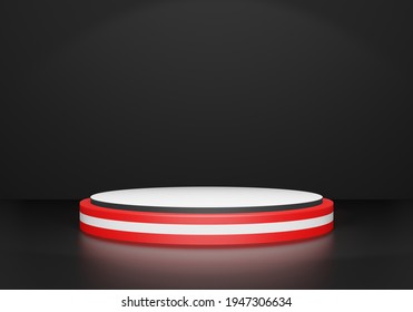 3D Render Empty Pedestal Red An White Podium In Coal Black Plain Stage Background For Product Launch, Device, Make Up, Motorcycle Etc