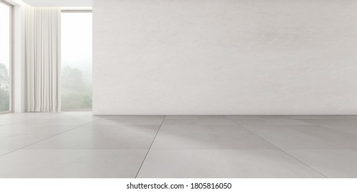 3d Render Of Empty Room With Tile Floor And Large Plain Concrete Wall On Nature Background.