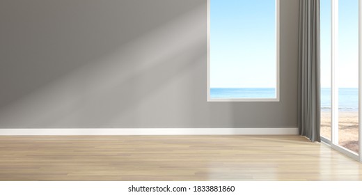 3d Render Of Empty Room With Wooden Floor And Large Plain Wall On Sea Background.