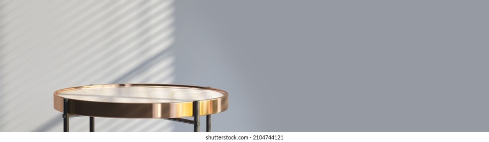 3D Render Of An Empty Round Marble Side Table With Metallic Gold Rim For Products Display. Blind Curtain Shadow And Sunlight On Gray Wall In Background. Overlay, Backdrop, Shinny, Brass, Luxury.