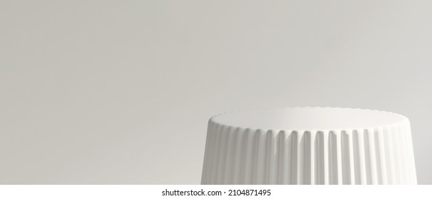 3D Render Of An Empty Round White Smooth Ceramic Podium With Pleated Side For Products Display. Blank Grey Wall In Background. Overlay, Backdrop, Enamel, Cupcake Shape, Plastic, Mock Up, Cute, Beauty.