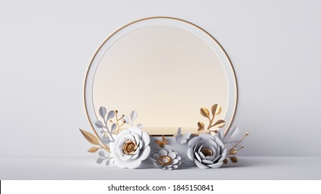 3d render, empty stage with round arch decorated with gold and white paper flowers, isolated on white background. Showcase with blank podium and floral arrangement, commercial product display mockup