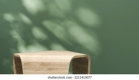 3D Render Empty Stylish Fine Oak Wood With Beautiful Wood Grain, Morning Sunlight With Dappled Light On Blank Green Wall In Background. Beauty, Skincare, Cosmetic Products Display Backdrop. Natural.