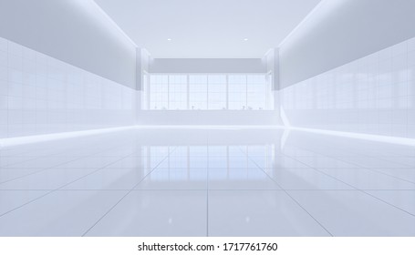 3d Render Of Empty Toilet Room Or Bathroom And White Tile Floor New And Clean Condition, Symmetry Grid Line Texture And Space In Perspective View For Product Display Or Background.