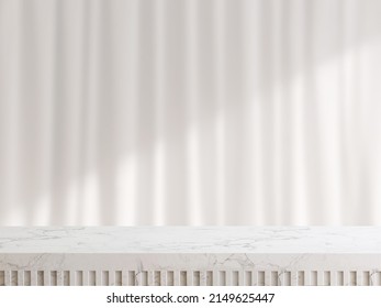 3D Render Empty White Marble Counter Top With Sunlight And White Sheers Curtain In Background. Blank Tabletop, Products Display Overlay, Clean, Hygiene, Space, Presentation, Podium, Stand, Surface.