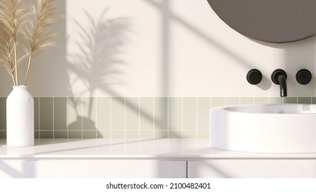 3D render an empty white vanity counter with ceramic washbasin and modern style faucet in a bathroom with morning sunlight and shadow. Blank space for products display mockup. Background, Wall tiles.