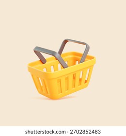 3D render of an empty yellow shopping basket with gray handles isolated on beige background. Minimal retail and e-commerce concept illustration
