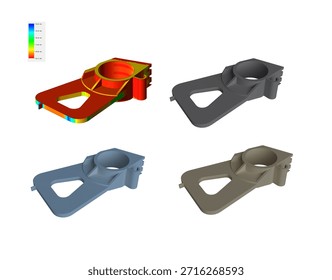 3D render engineering technical drawing of a mechanical mounting bracket , Finite Element Analysis ,thickness or stress points, computer-aided design software, engineering and manufacturing
