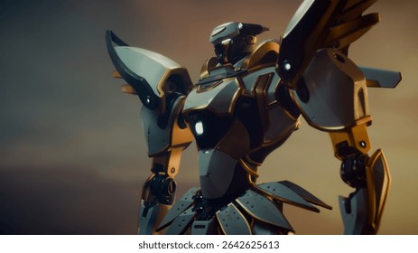 3d render of epic strong sci-fi futuristic mech samurai warrior in white, gray, shiny gold, scratched heavy metal armor with glowing eyes floating in the clouds against the sunset sky. Battle robot.