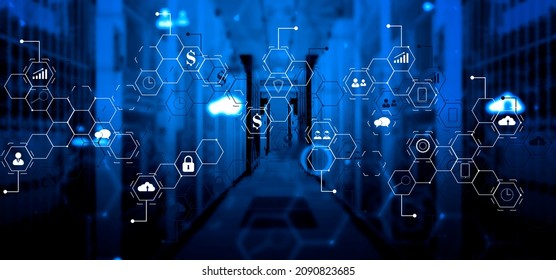 3D render ERP Enterprise Resource Planning system on virtual screen with connections between business intelligence.