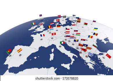 3d render of Europe map with countries flags