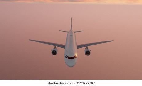  3D render. In the evening the plane flies in the open sea. The sun shines over the liner in the ocean bay. Aerial walk through the beautiful seascapes.