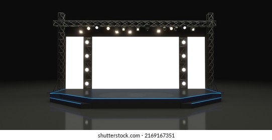 3d render event stage with blank screen, 3d stage mockup.