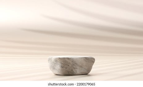 3d Render Exotic Stone Podium With Leaf Shade In Nude Color For Product Display. Natural, Organic Product, Cosmetic, Skin Care, Perfume, Etc. Platform, Base, Stage. 3D Illustration