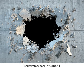 3d Render, Explosion, Broken Concrete Wall, Bullet Hole, Destruction, Abstract Background