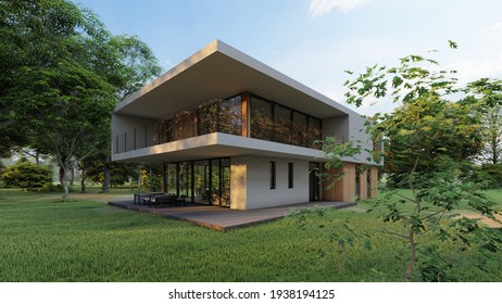 
3d Render. Exterior View Of Modern, White House With Garage Decorated With Wood.