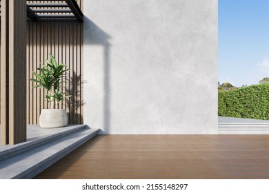 3d Render Of Exterior Wooden Balcony With Large Empty Concrete Wall.