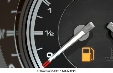 A 3D Render Of An Extreme Closeup Of A Gas Gage Showing The Needle At Empty With An Illuminated Light Indicating So