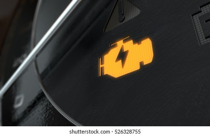 A 3D render of an extreme closeup of an illuminated check engine dashboard light on an dashboard panel background