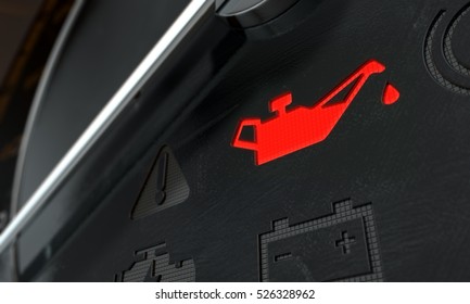 A 3D render of an extreme closeup of an illuminated check oil dashboard light on an dashboard panel background