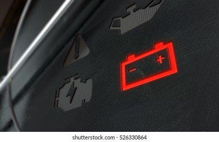 A 3D render of an extreme closeup of an illuminated check battery dashboard light on an dashboard panel background