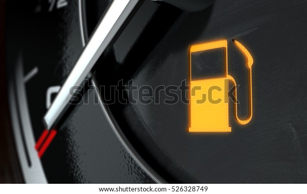 A 3D\
render of an extreme closeup of an illuminated low petrol fuel\
dashboard light on a car dashboard panel\
background