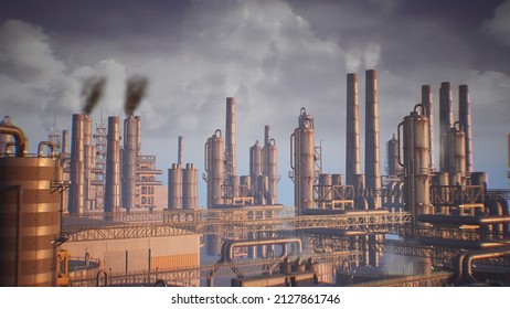 3d Render Of Factory, Industrial Facility Exterior, Energy Power Plant