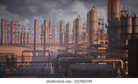 3d Render Of Factory, Industrial Facility Exterior, Energy Power Plant