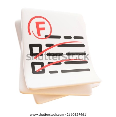 3D Render of Failing Grade Test Paper; Minimalist Style, Negative Mood, Educational Concept.